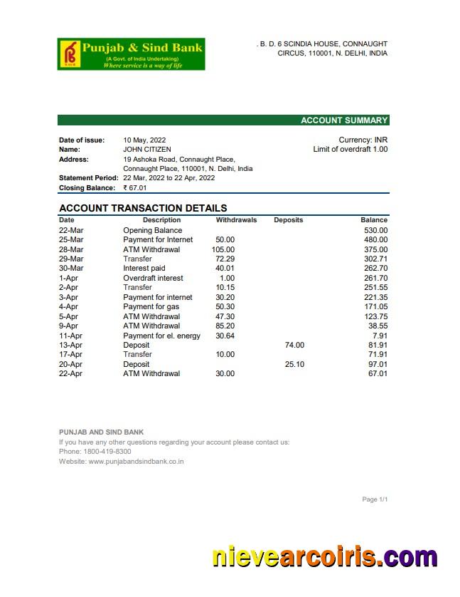 India Punjab and Sind Bank statement xls